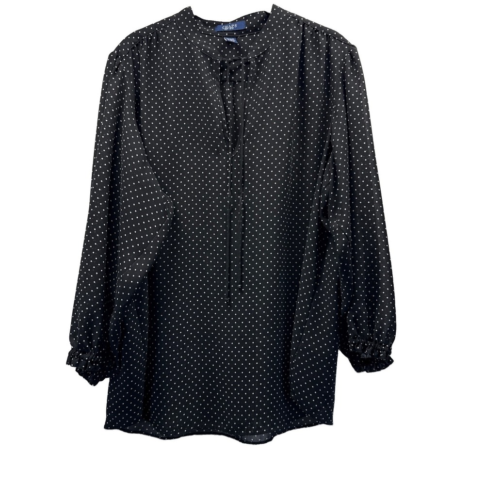 Chaps Women's Top Size XL Black White Polka Dot Semi Sheer Neck Tie 3/4 Sleeves